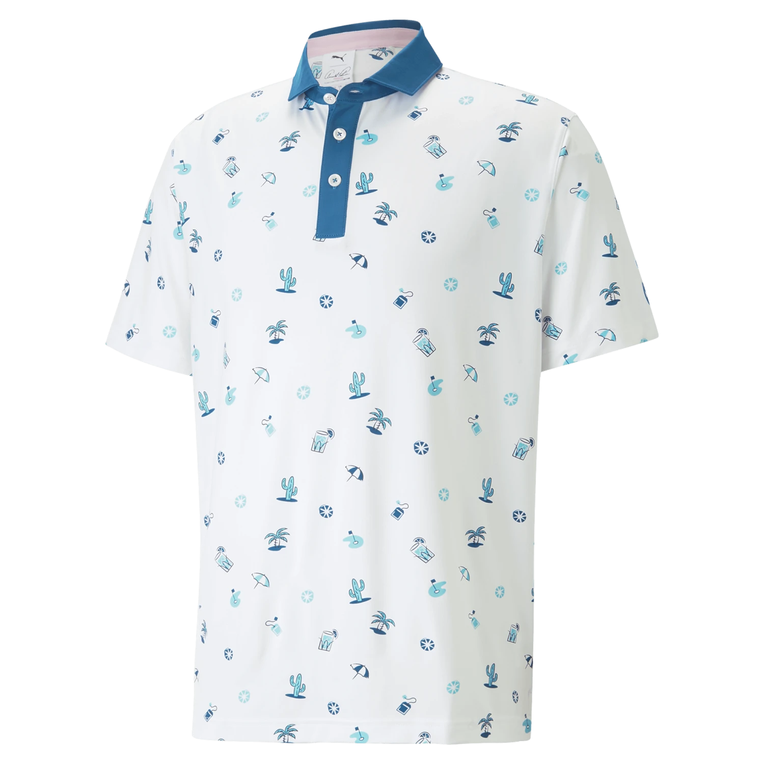 PUMA X Arnold Palmer MATTR Dunes Golf Polo Shirt - Bright White/Lake Blue 1 PUMA X Arnold Palmer MATTR Dunes Golf Polo Shirt - Bright White/Lake Blue